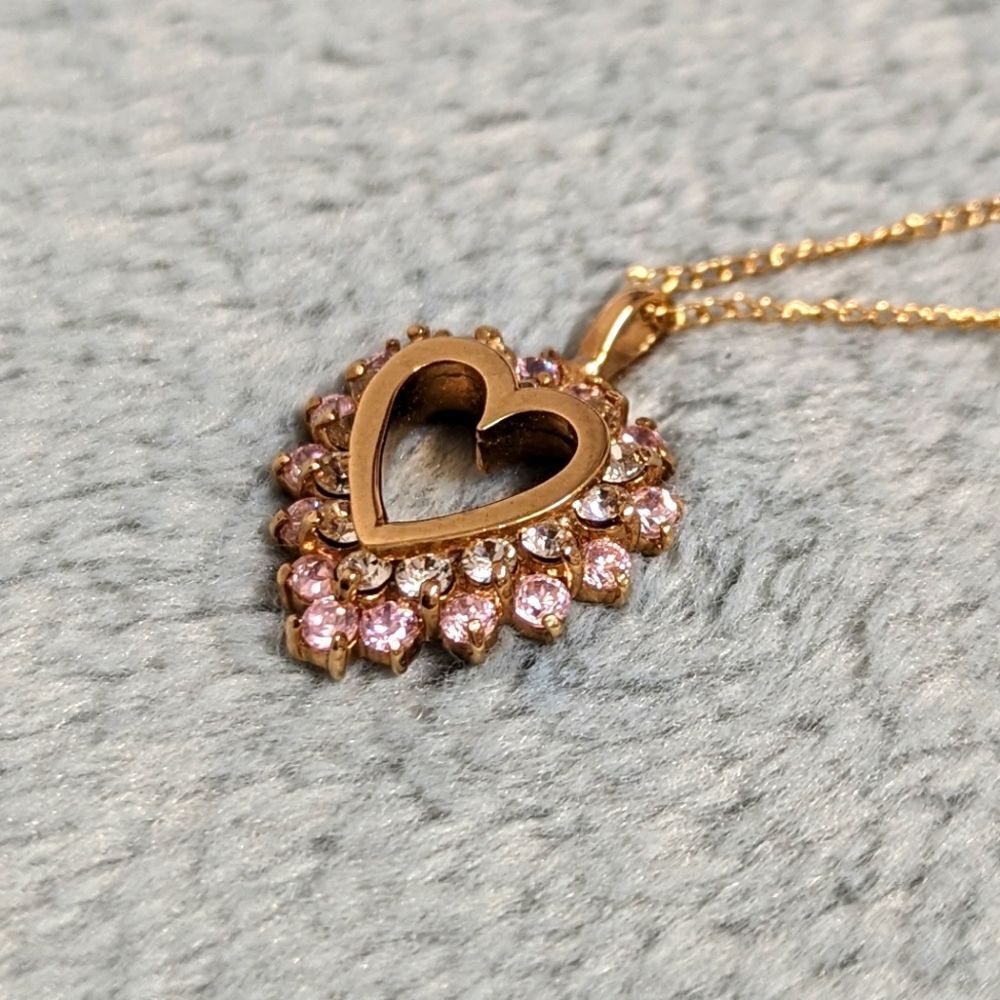 Heart Shaped Pendant w/ Clear & Pale Pink CZ's - Gold over Sterling Silver - Picture 14 of 14